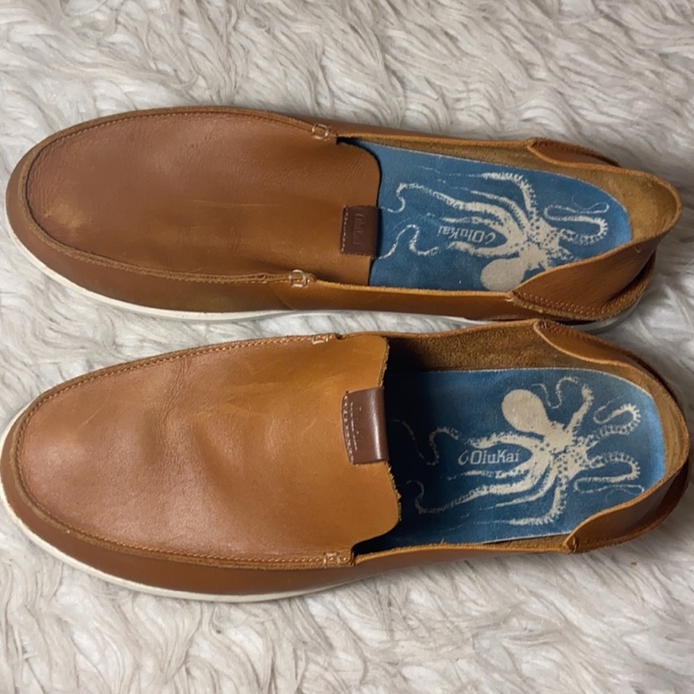 OluKai Nalukai Tan Leather Slip-On Loafers